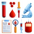 Blood test icons set, cartoon style