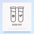 Blood test: two vials with blood, one is positive, other negative. Modern vector illustration of medical diagnostic