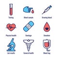 Blood testing and work icon set with syringe, donation, & blood sample ideas