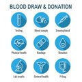 Blood testing and work icon set with syringe, donation, & blood sample ideas Royalty Free Stock Photo