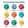 Blood testing and work icon set with syringe, donation, & blood sample ideas Royalty Free Stock Photo