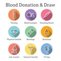 Blood testing and work icon set with syringe, donation, & blood sample ideas