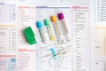 Blood tubes test Set and requisition form for analysis in the worplace of laboratory Royalty Free Stock Photo