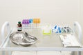 Blood tubes in tray in medical lab. Empty blood tube tests ready for analysis in the laboratory of haematology Royalty Free Stock Photo