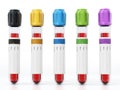 Blood vials with colored lids. 3D illustration