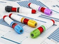 Blood vials with vibrant colored lids standing on medical forms. 3D illustration Royalty Free Stock Photo