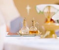 Water and wine on the altar ready for Holy Mass Royalty Free Stock Photo