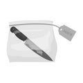 Bloodied knife in the package with a tag. Knife, criminal things single icon in monochrome style vector symbol stock