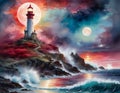 Bloodmoon lighthouse landscape, AI