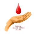 Bloods donation poster template with text National blood donor monht . Charity and support. Medical organization and