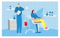 Bloodstream donor people, character doctor male take blood female patient flat vector illustration. Design medical