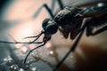 Bloodsucker in action: Aedes Albopictus mosquito feeding on a leaf in close-up