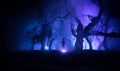 bloodthirsty zombies attacking. hungry zombies in the woods. Silhouettes of scary zombies walking in the forest at night Royalty Free Stock Photo