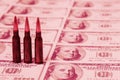 Bloody business, bloody money. Bullets on US Dollar bills as symbol of terrorism, death, suffering, loss and violence