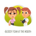 Bloody foam at the mouth medical concept. Vector illustration.