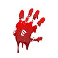 Bloody hand print 3D isolated white background. Horror scary drip blood dirty handprint, fingerprint. Red palm, fingers