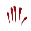 Bloody hand print isolated white background. Horror scary blood dirty handprint, fingerprint. Red palm, fingers, stain Royalty Free Stock Photo