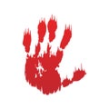 Bloody hand print isolated white background. Horror scary blood dirty handprint, fingerprint. Red palm, fingers, stain