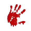 Bloody hand print isolated white background. Horror scary blood dirty handprint, fingerprint. Red palm, fingers, stain