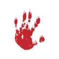 Bloody hand print isolated white background. Horror scary blood dirty handprint, fingerprint. Red palm, fingers, stain