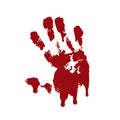 Bloody hand print isolated white background. Horror scary blood dirty handprint, fingerprint. Red palm, fingers, stain