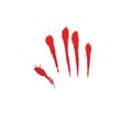 Bloody hand print isolated white background. Horror scary blood dirty handprint, fingerprint. Red palm, fingers, stain