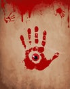 Bloody hand print with red eye inside on the old paper background Royalty Free Stock Photo