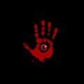 Bloody hand print with red monster eye inside isolated on black background. Royalty Free Stock Photo