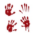 Bloody hand print set isolated white background. Horror scary blood handprint, fingerprint. Red palm, fingers, stain Royalty Free Stock Photo