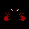 Bloody hand prints and red monster eyes on black background. Royalty Free Stock Photo