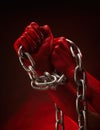 bloody hands clenched into fists in the shackles of a metal chain symbol of slavery, protest and freedom Royalty Free Stock Photo