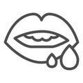 Bloody lips line icon, emotion concept, lips with blood drops sign on white background, bloody mouth icon in outline