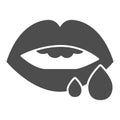 Bloody lips solid icon, emotion concept, lips with blood drops sign on white background, bloody mouth icon in glyph