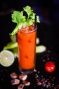 Bloody marry cocktail with fresh tomatoes juice, celery & spices