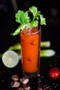 Bloody marry cocktail with fresh tomatoes juice, celery & spices