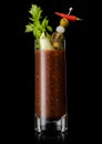 Bloody mary alcoholic cocktail with celery and hot pepper in tall glass on black background Royalty Free Stock Photo