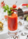 Bloody mary cocktail glass with lime and olives,ground pepper and cocktail shaker.Hard light Royalty Free Stock Photo