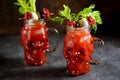 Bloody Mary cocktail in glass skull with celery sticks, pink salt, lime and canapes from canned vegetables. Halloween drink. Royalty Free Stock Photo