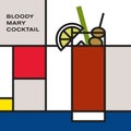 Bloody Mary Cocktail in Highball glass, garnished with celery stalk, olive stick and lime slice, served with ice cubes.