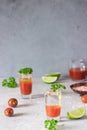 Bloody Mary cocktail and ingredients, copy space. Royalty Free Stock Photo