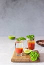 Bloody Mary cocktail and ingredients, copy space. Royalty Free Stock Photo
