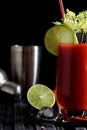 Bloody mary cocktail and ingredients: peper chili, lime, celery, ice and shaker. copy space Royalty Free Stock Photo