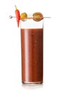 Bloody mary cocktail mix with black pepper and celery on white background with onion and olive Royalty Free Stock Photo