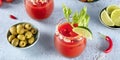 Bloody Mary cocktail panorama. Tomato juice, lime, and celery, with olives and chili peppers Royalty Free Stock Photo