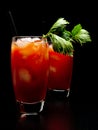 Bloody Mary drinks with ice cubes and celery isolated on black Royalty Free Stock Photo