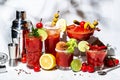 Bloody Mary, Joseph, Caesar and other cocktails variation with tomato juice, vodka, hot sauce and celery. Cocktail party. Gray Royalty Free Stock Photo