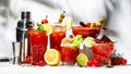 Bloody Mary, Joseph, Caesar and other cocktails variation with tomato juice, vodka, hot sauce and celery. Cocktail party. Gray Royalty Free Stock Photo