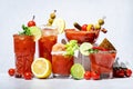 Bloody Mary, Joseph, Caesar and other red cocktails set with tomato juice, vodka, hot sauce and celery. Cocktail party. Gray Royalty Free Stock Photo