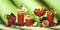 Bloody Mary, Joseph, Caesar and other red cocktails set with tomato juice, vodka, hot sauce and celery. Cocktail party. Green Royalty Free Stock Photo