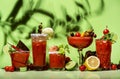 Bloody Mary, Joseph, Caesar and other red cocktails set with tomato juice, vodka, hot sauce and celery. Cocktail party. Green Royalty Free Stock Photo